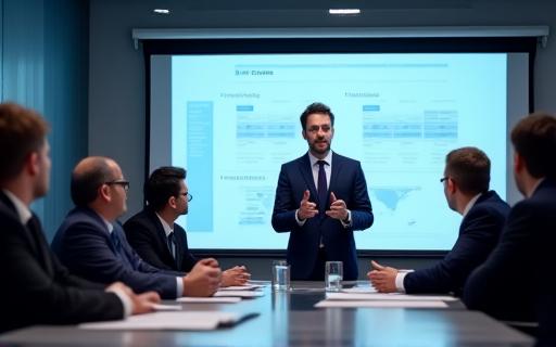 An executive confidently leading a board meeting.