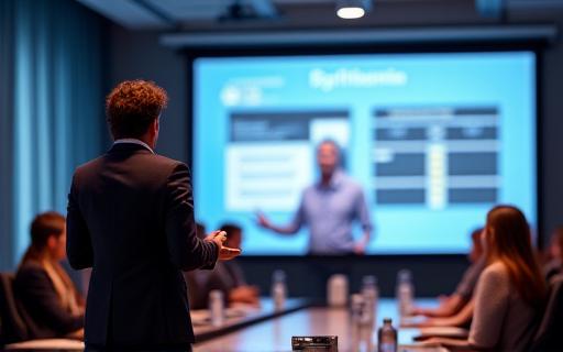 A dynamic professional delivering an engaging presentation with slides.